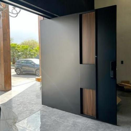 Wood Grain Veneer Aluminum Entry Door with Paneled Design, Customizable for Villas & Apartments
