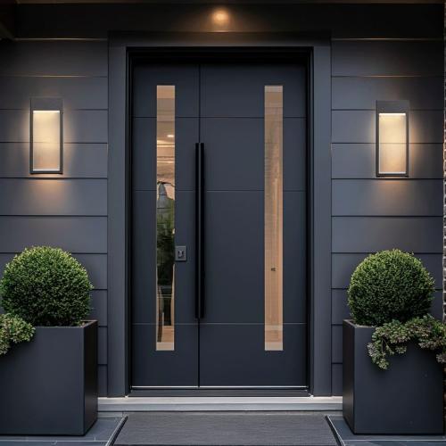 Modern Minimalist Cast Aluminum Front Door with Glass Vision Panels, Custom Size Luxury Entrance Door