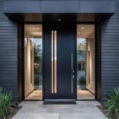 Modern Minimalist Cast Aluminum Front Door with Glass Vision Panels, Custom Size Luxury Entrance Door