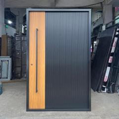Wood Grain Veneer Aluminum Entry Door with Paneled Design, Customizable for Villas & Apartments