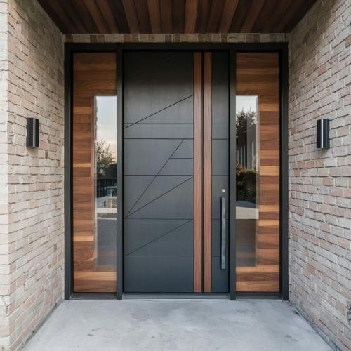 Matte Black Entry Door with Sidelights, Custom Size Modern Luxury Front Door for High-End Homes