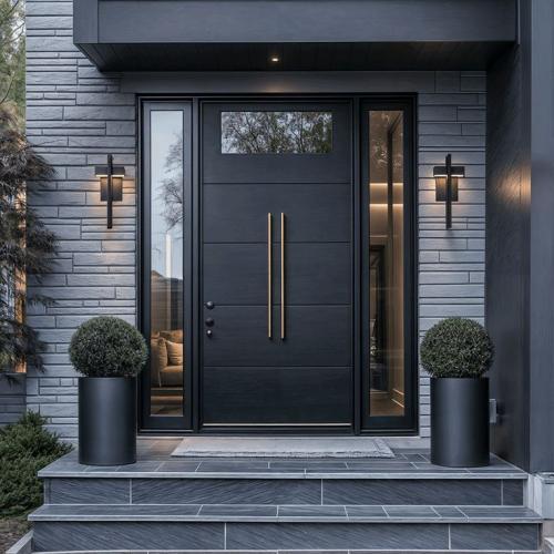 Matte Black Entry Door with Sidelights, Custom Size Modern Luxury Front Door for High-End Homes