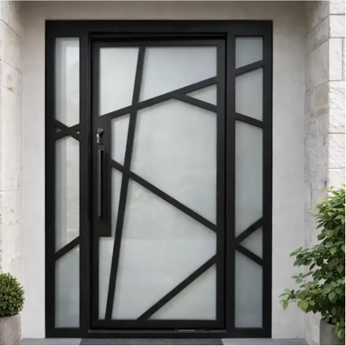 Luxury Black Metal Entry Door, Customizable Glass Door for Villas & Apartments