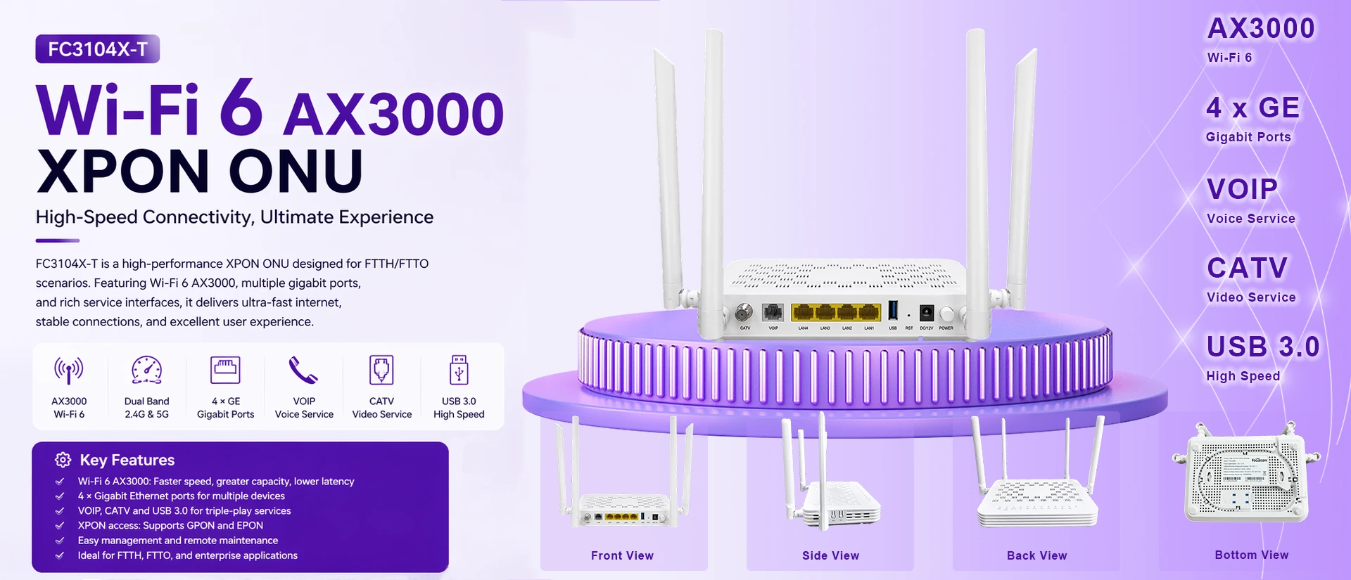 Focuscom New Arrival WiFi-6 AX3000 XPON ONU, 1G networking for FTTH applications! WIFI6 Router all in one!