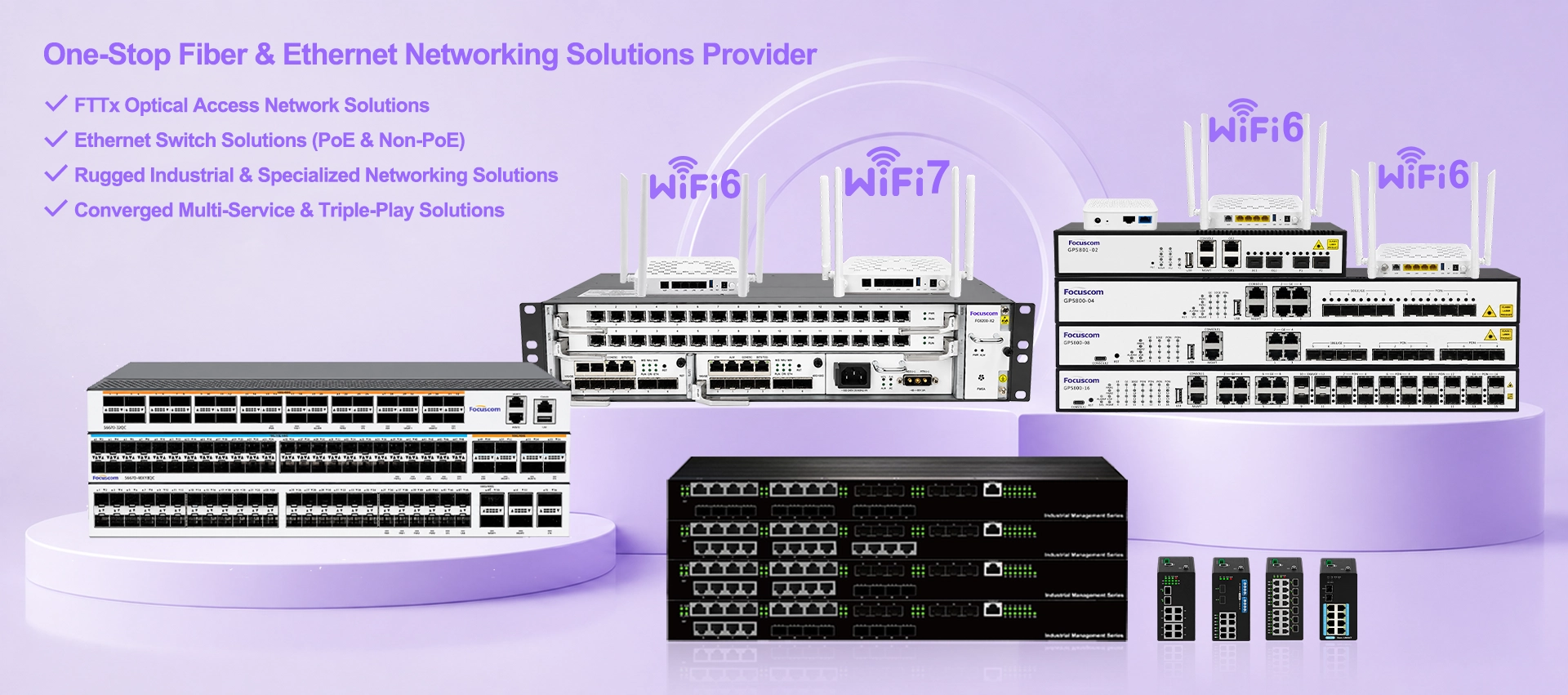 Focuscom GPON EPON XGSPON OLT, ONU and Switch, networking solution for FTTH, FTTR Comercial Switch