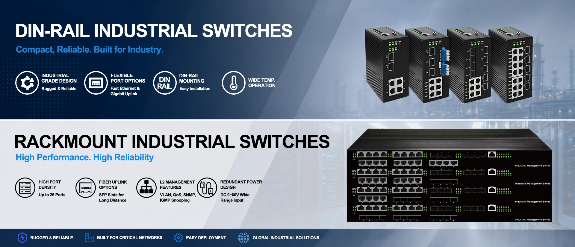 Focuscom Industrial, Unmanaged, L2, L3 Managed Rack mount POE Switch, Smart Managed Rail Mount POE Switch