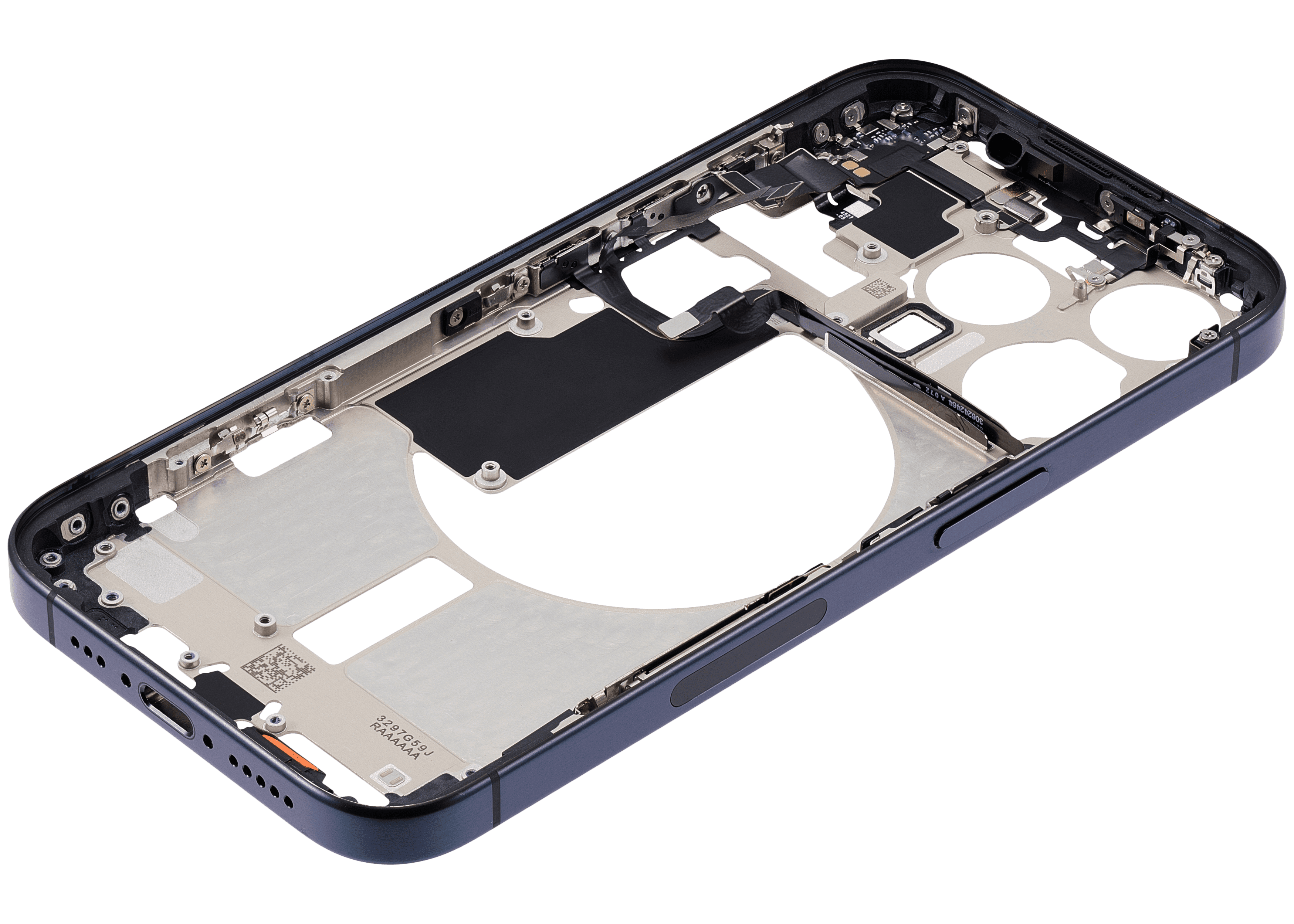 Mid-Frame Housing With Power And Volume Button Compatible For iPhone 15 Pro (US Version) (Used OEM Pull: Grade A) (Blue Titanium)