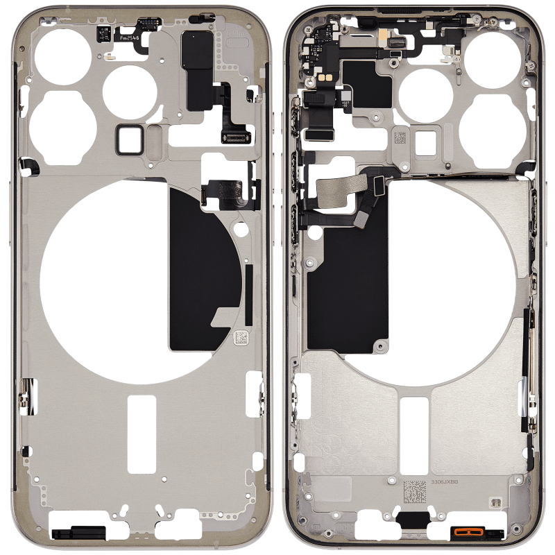 Mid-Frame Housing With Power And Volume Button Compatible For iPhone 15 Pro (US Version) (Used OEM Pull: Grade A) (Natural Titanium)