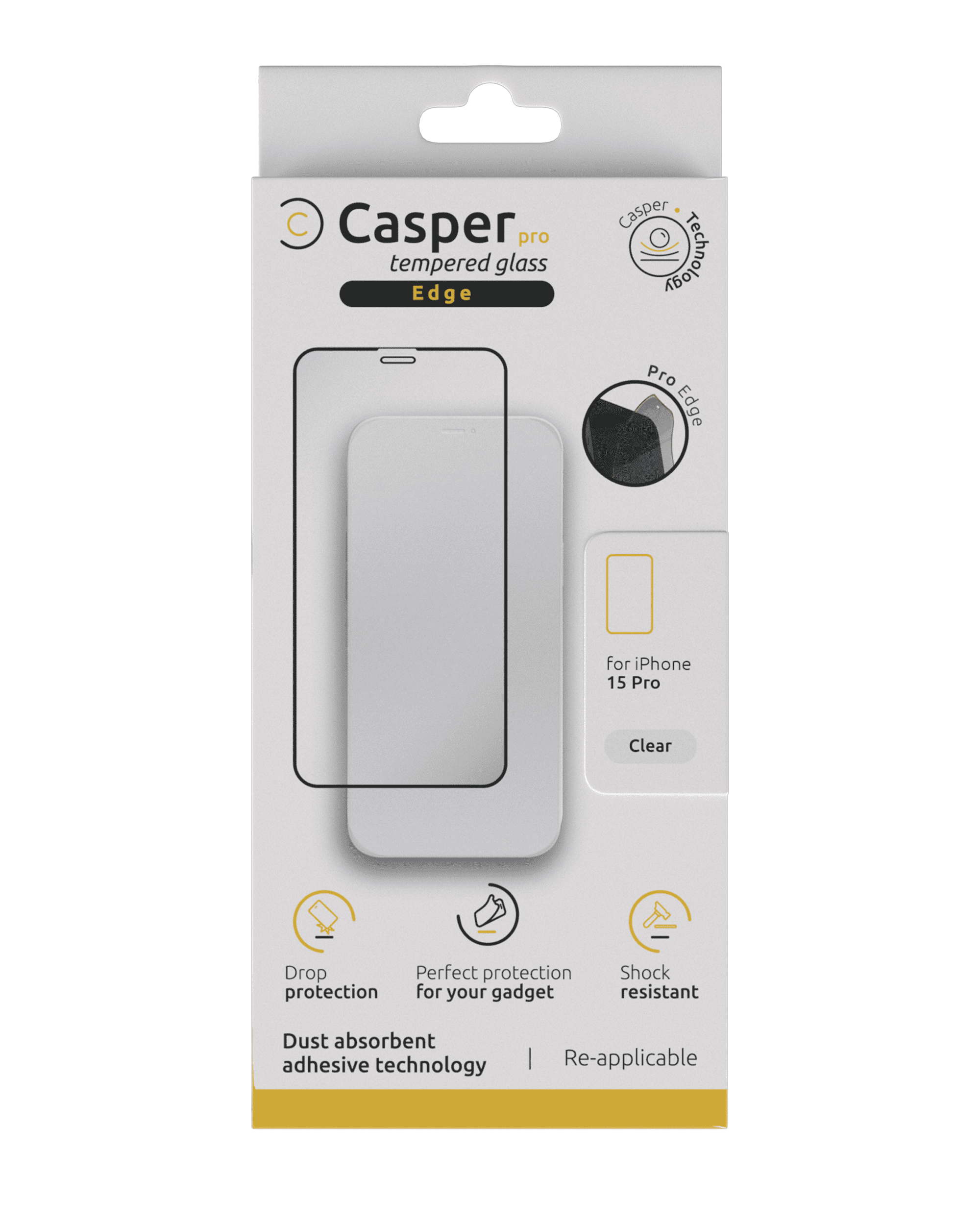 Casper Pro Edge Tempered Glass Compatible For iPhone 15 Pro (Retail Pack) (Clear)
