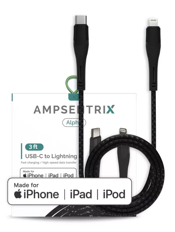 3 ft MFI Lightning To USB Type C Cable (AmpSentrix) (Alpha) (Black)