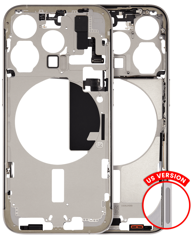 Mid-Frame Housing With Power And Volume Button Compatible For iPhone 15 Pro (US Version) (Used OEM Pull: Grade B) (Natural Titanium)