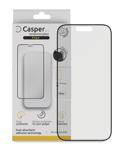 Casper Pro Edge Tempered Glass Compatible For iPhone 15 (Retail Pack) (Clear)