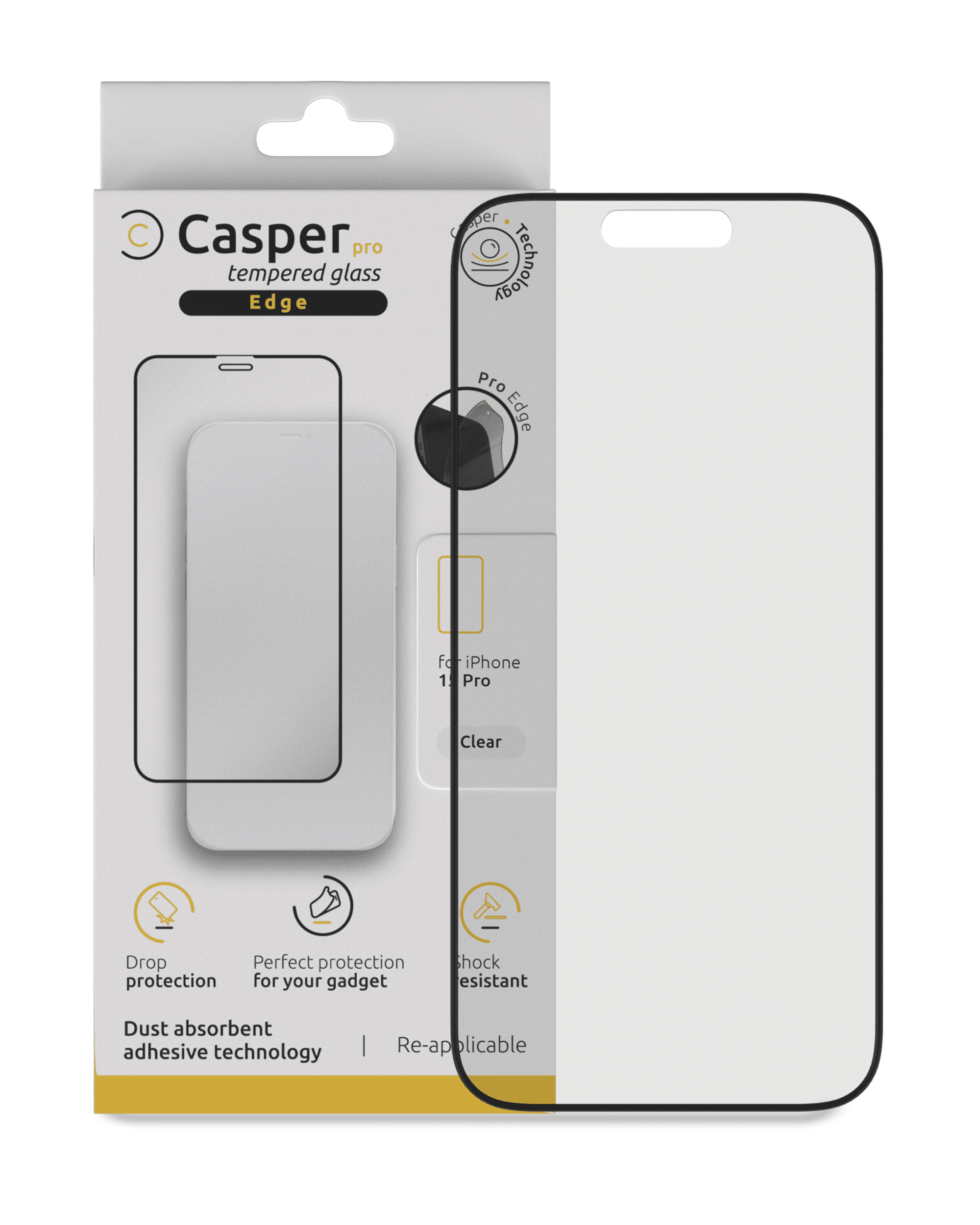 Casper Pro Edge Tempered Glass Compatible For iPhone 15 Pro (Retail Pack) (Clear)