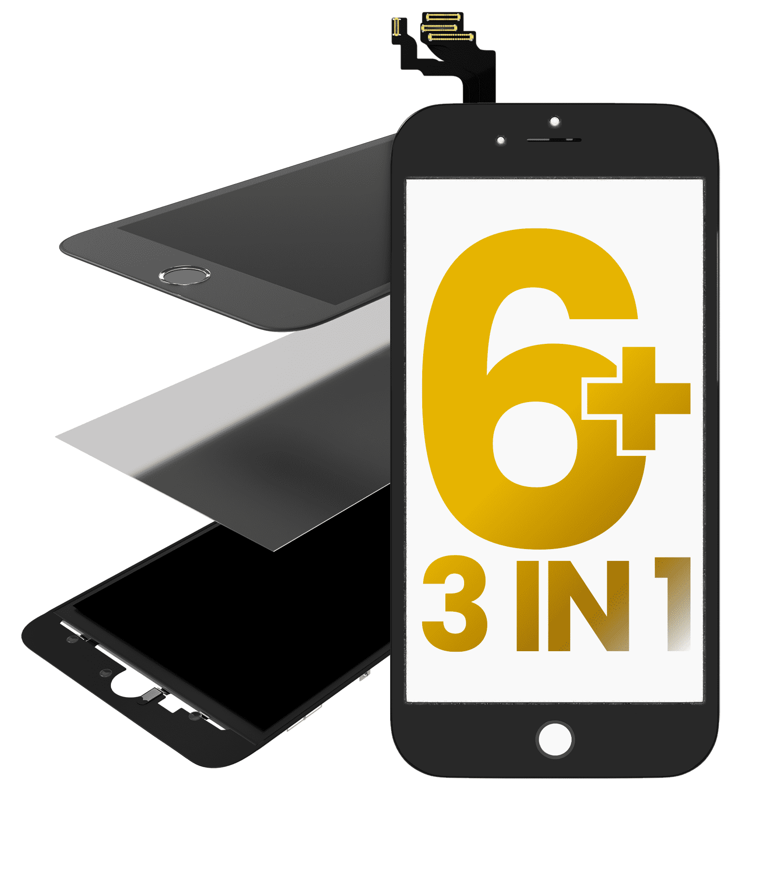 3 in 1 (Front Glass + Frame + OCA Pre-Installed) Compatible For iPhone 6 Plus (2 Pack) (Black)