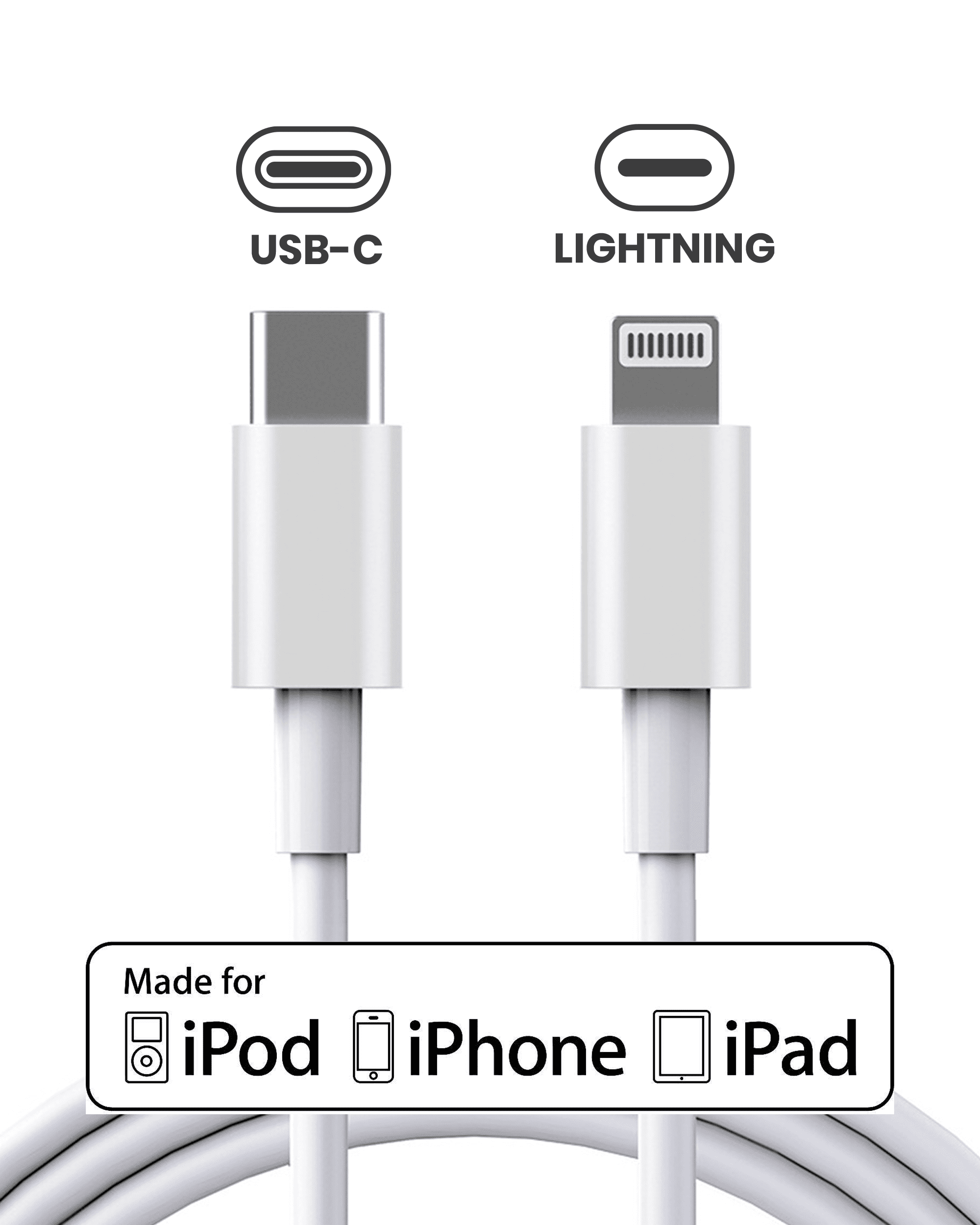 USB-C To Lightning Cable (3ft.) Compatible For iPhone / iPad / iPod (Used OEM Pull: Grade A) (Bulk Pack)