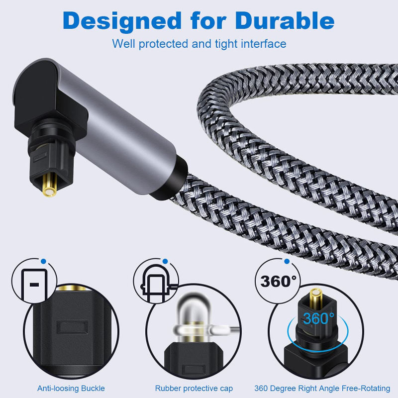 Hifi Sound Quality Toslink Optical Cable Gold Plated Plug Optical Digital Audio Cable 90degree Nylon Braided Toslink Cables