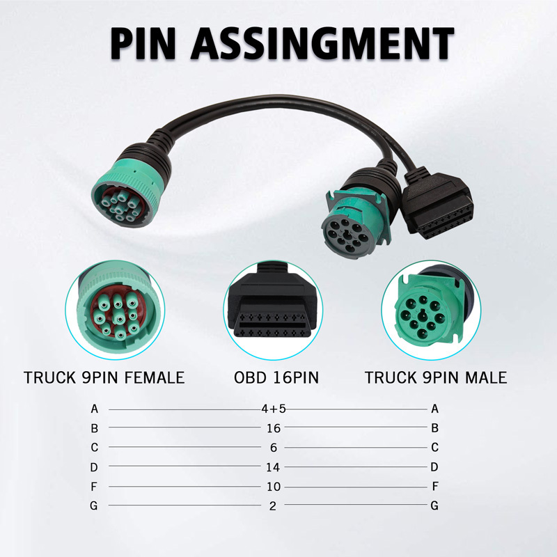 Universal Truck Green 9Pin Male to OBD2 Adapter Extension Splitter
