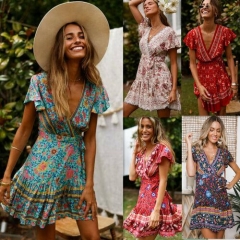 Drop shipping Women Vintage Short Sleeve Print Dress V neck Short Sleeve Boho Floral Mini Dresses Female Summer Holiday Sundress