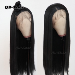 QD-Tizer Black Color Long Silky Straight Hair Lace Front Wig Gluless Heat Resistant Synthetic Lace Front Wig for Black Women