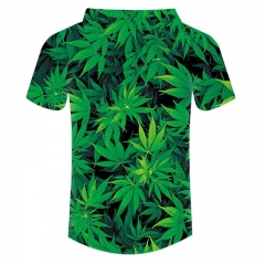 2019 Spring-Summer Men'S Wear Hot Selling 3D Green Marijuana Leaf Digital Printed Casual Short Sleeved Hooded T-shirt