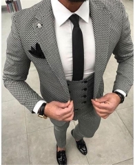 Houndstooth Custom Made Mens Checkered Suit Dresses Tailored black Weave Hounds Tooth Check wedding men suits jacket+pants+vest
