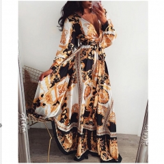 2019 Hot Sale Women Long Sleeve V Neck Floral Boho Vintage Maxi Dress Holiday Beach Dress Ladies Party Dress