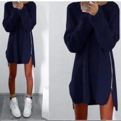 Fashion Women Long Sleeve Autumn Knitted Vestidos Zippers Side Jumper Sweater Dress Loose Tunic Baggy Dresses