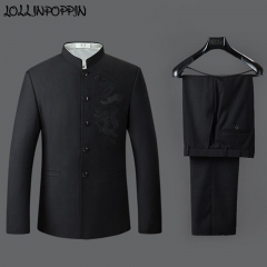 Dragon Embroidery Men Chinese Style Mandarin Collar Suits Jacket &amp; Pants Mens Black Tunic Suit