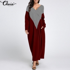 Celmia 2019 Autumn Womens Dress Vintage Long Maxi Dress Ladies V Neck Long Sleeve Striped Patchwork Casual Vestidos Plus Size