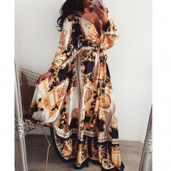 Fashion Floral Print Women Dress Elegant Maxi Summer Evening Party Vintage Long Sleeve V Neck Holiday Split Beach Sexy