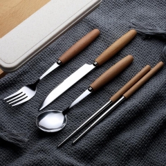 2/3/4Pcs/Set Portable Wooden Handle Dinnerware Set Stainless Steel Plated Silver Knife Fork Tableware Cutlery with Plastic Box