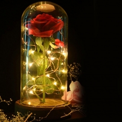 Rose LED Night Lamp String Light in a Glass Dome Wooden Base Valentine's Day Gifts Room Decor Battery Power