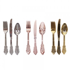 12PCS Disposable Imitation Metal Plastic Gold Silver Carved Embossed Cutlery Western Wedding Party Tableware Set