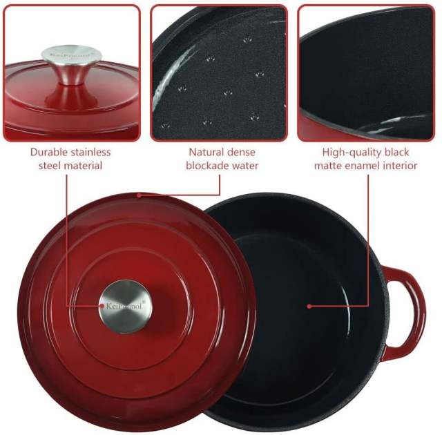 KEIPONNOL 4-Layer Enamel Coated Cast Iron Natural Non-Stick Dutch Oven with Lid stainless Steel Knob 4.5 Quart Red Cooking ware Easy to clean
