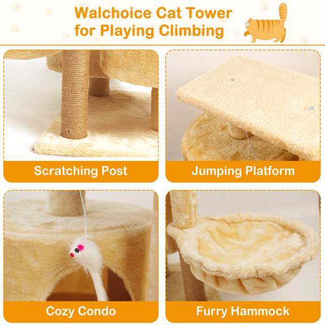21in Luxury Cat Tree for Cats Tower Climbing Playground Kitten Real Nature Sisal Cover Cat Tower Furniture w Scratching Posts Hammock & Hiding Condo Beige