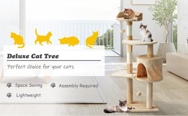 46" Sturdy 4-Level Cat Tree Tower Activity Center Large Real Nature Sisal Rope Playing House Condo Rest Cats Climbing Scratching Post Scratcher Stand Kittens Sleeping Rest Playround - Beige