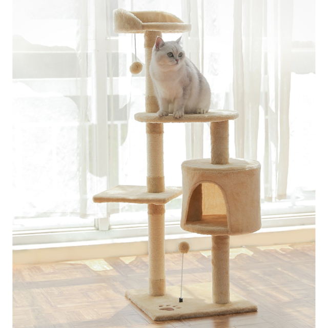 46" Sturdy 4-Level Cat Tree Tower Activity Center Large Real Nature Sisal Rope Playing House Condo Rest Cats Climbing Scratching Post Scratcher Stand Kittens Sleeping Rest Playround - Beige