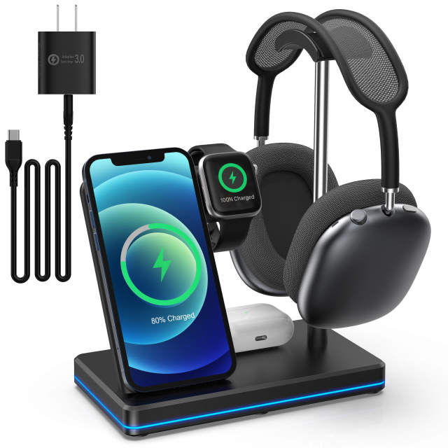 Updated 2022 Version 4 in 1 Magnetic Detachable Wireless Charging Station Fast Charger QC3 for Apple iPhone AirPods iWatch Samsung Galaxy Google Pixel USB-A Port