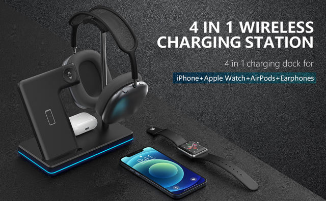 Updated 2022 Version 4 in 1 Magnetic Detachable Wireless Charging Station Fast Charger QC3 for Apple iPhone AirPods iWatch Samsung Galaxy Google Pixel USB-A Port