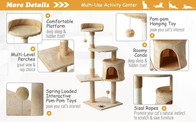 46in Sturdy 4-Tiers Cat Tree Tower Activity Center Large Real Nature Sisal Rope Playing House Condo Rest Cats Climbing Scratching Post Scratcher Stand Kittens Sleeping Rest Playground - Beige