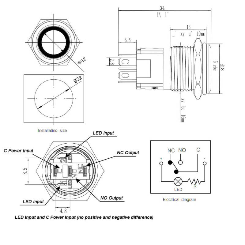 16mm Latching Switch 12V Angel Eye LED with Power Symbol