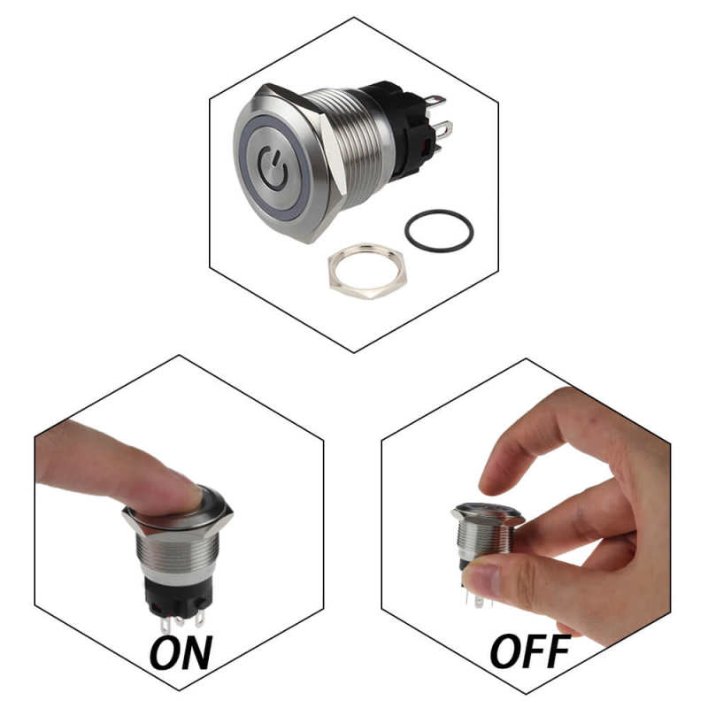 19mm Waterproof Momentary Push Button Switch with Power Symbol LED