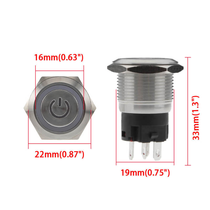 19mm Waterproof Momentary Push Button Switch with Power Symbol LED