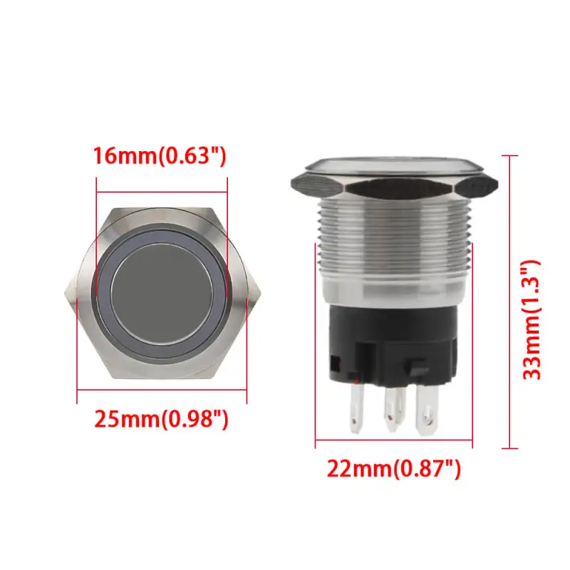 12V Momentary Push Button Switch with LED Ring 22mm