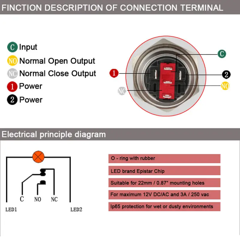 12V Momentary Push Button Switch with LED Ring 22mm