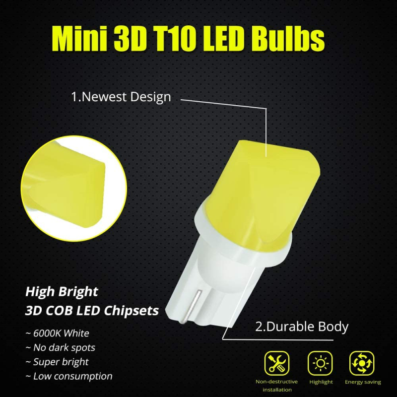 10PCS Mini 3D 168 194 T10 LED Bulbs Super Bright COB Chips Lamp for Side Marker Door Wedge lights