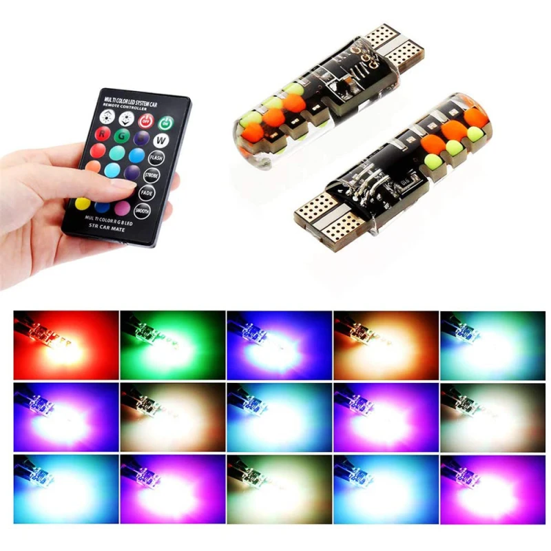 2x Led W5W T10 RGB Clearance Light Universal Car RGB Colorful Multi Mode Car Light Bulbs With Remote Controller