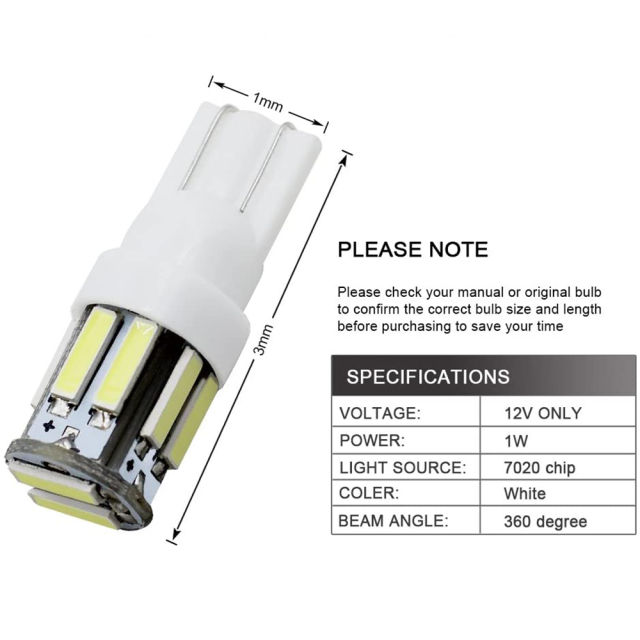10x T10 LED W5W Lamp Interior Replacement 168 194 2825 Wedge Bulbs for 12V License Plate Map Dome Light
