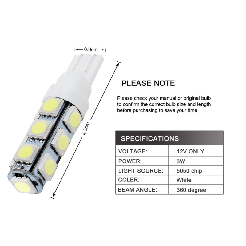 2x T10 W5W LED Bulbs 168 194 2825 Wedge Bulbs for 12V License Plate Map Dome Lamp