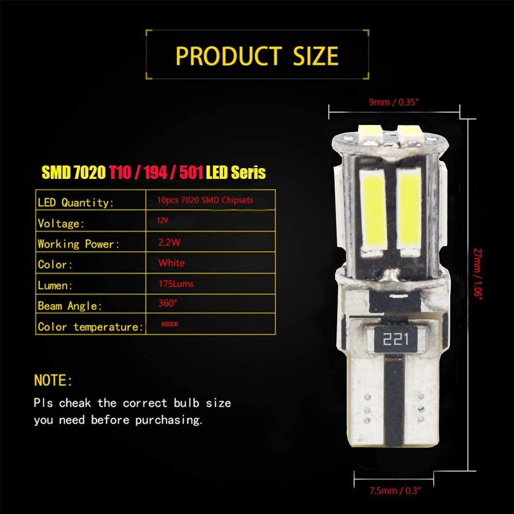 2x 194 T10 LED Bulb 168 2825 W5W 175 158 Lamp for Car Interior Lighting Map Dome Lamp Dashboard Lights